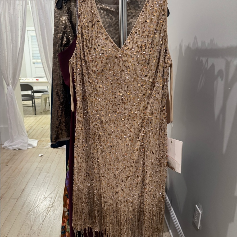 Mac Duggal size 10 NWT Beaded V-Neck Fringe Evening Dress in Champagne